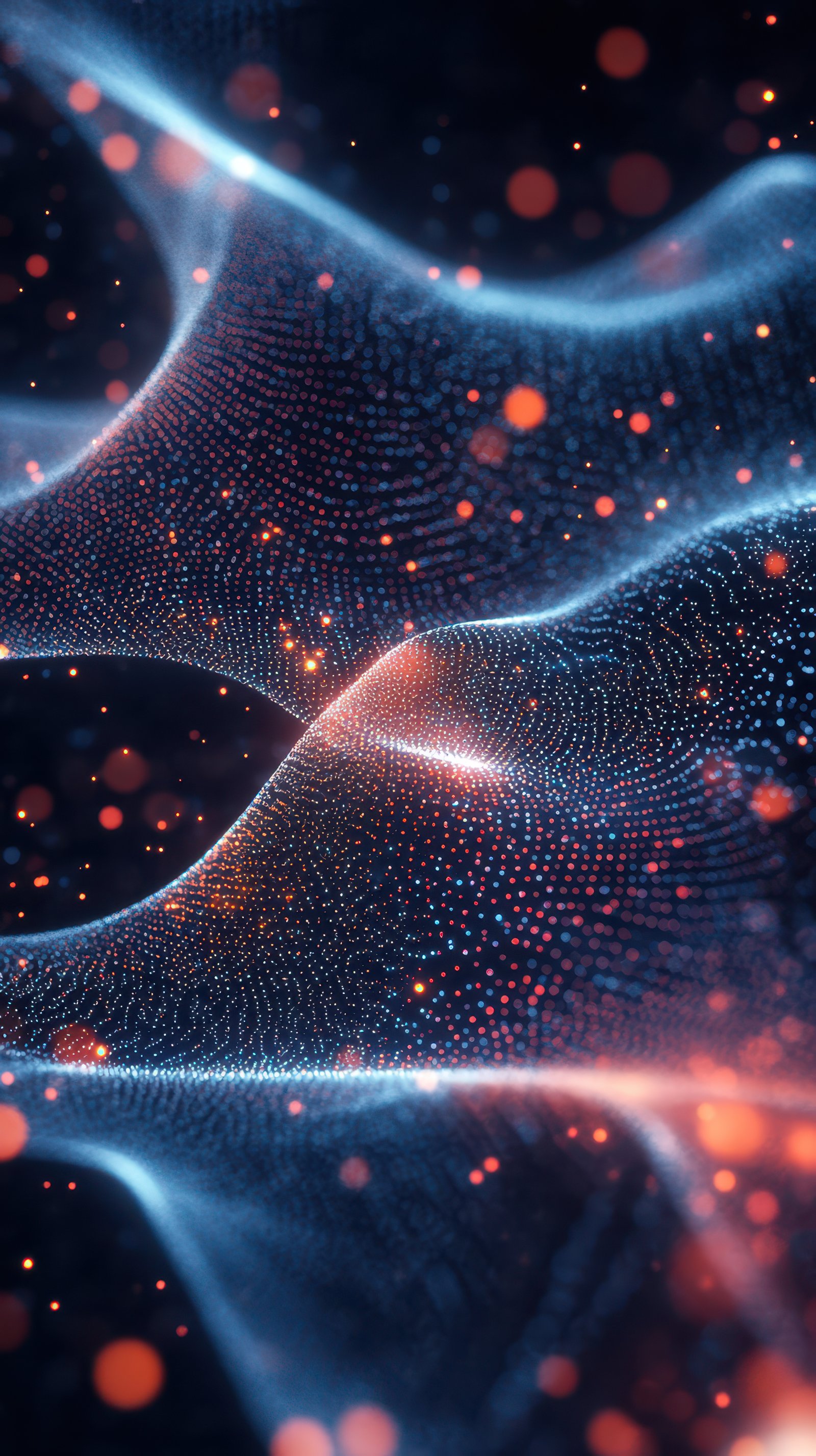 Abstract visualization of flowing particles illuminated by light in dark background showcasing depth and movement